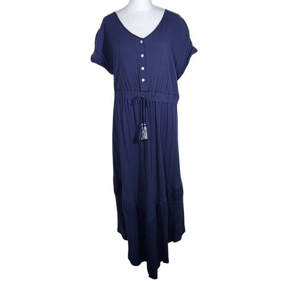 Style & Co. Navy Boho Maxi Dress with Eyelet Lace Accents and Tassel Size Large - Picture 1 of 8